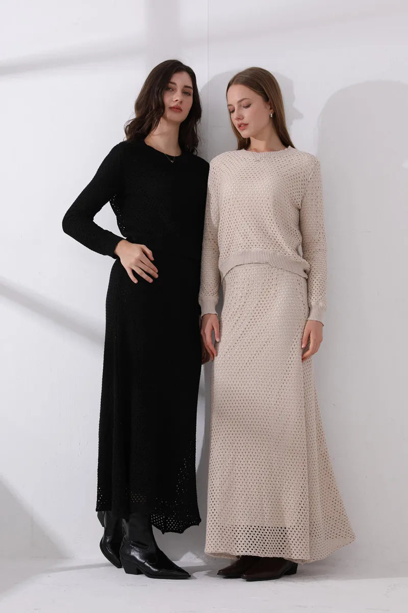 knitted woman clothing set with lining tops + maxi skirts