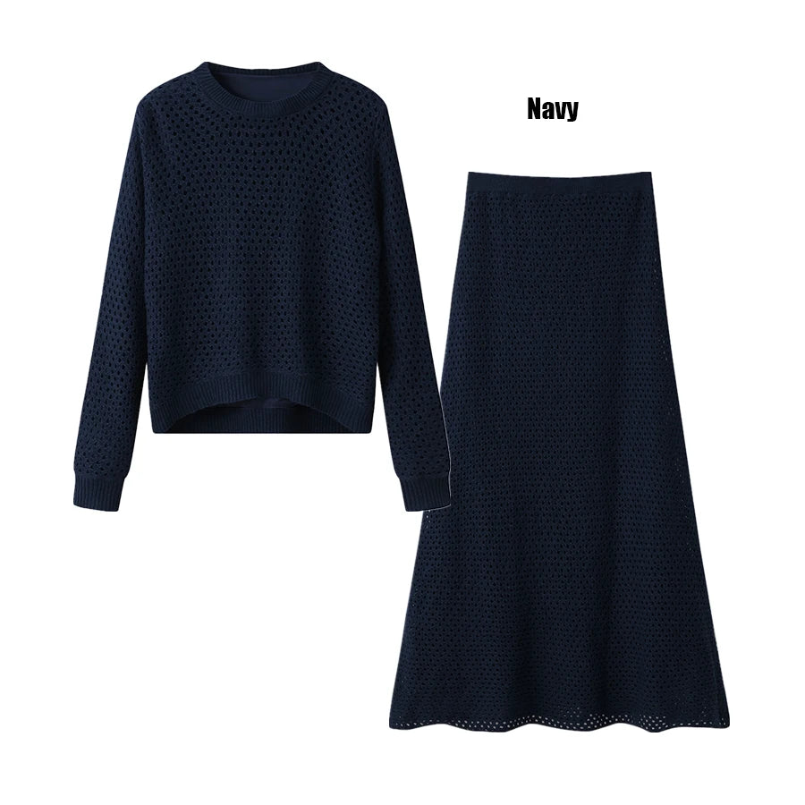 knitted woman clothing set with lining tops + maxi skirts