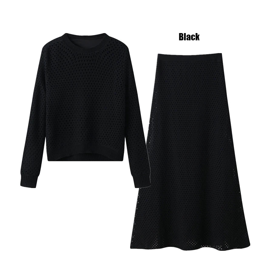 knitted woman clothing set with lining tops + maxi skirts