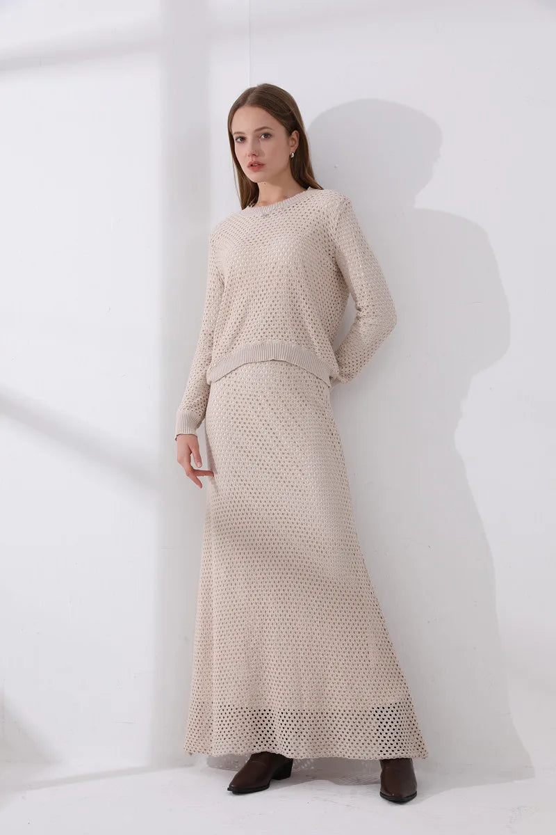 knitted woman clothing set with lining tops + maxi skirts