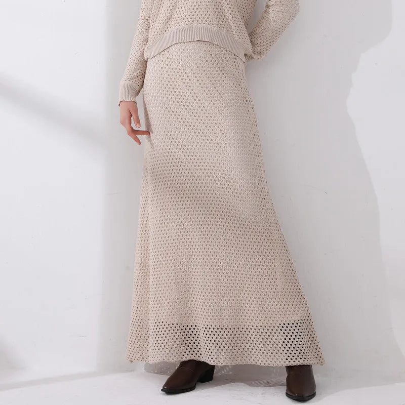 knitted woman clothing set with lining tops + maxi skirts